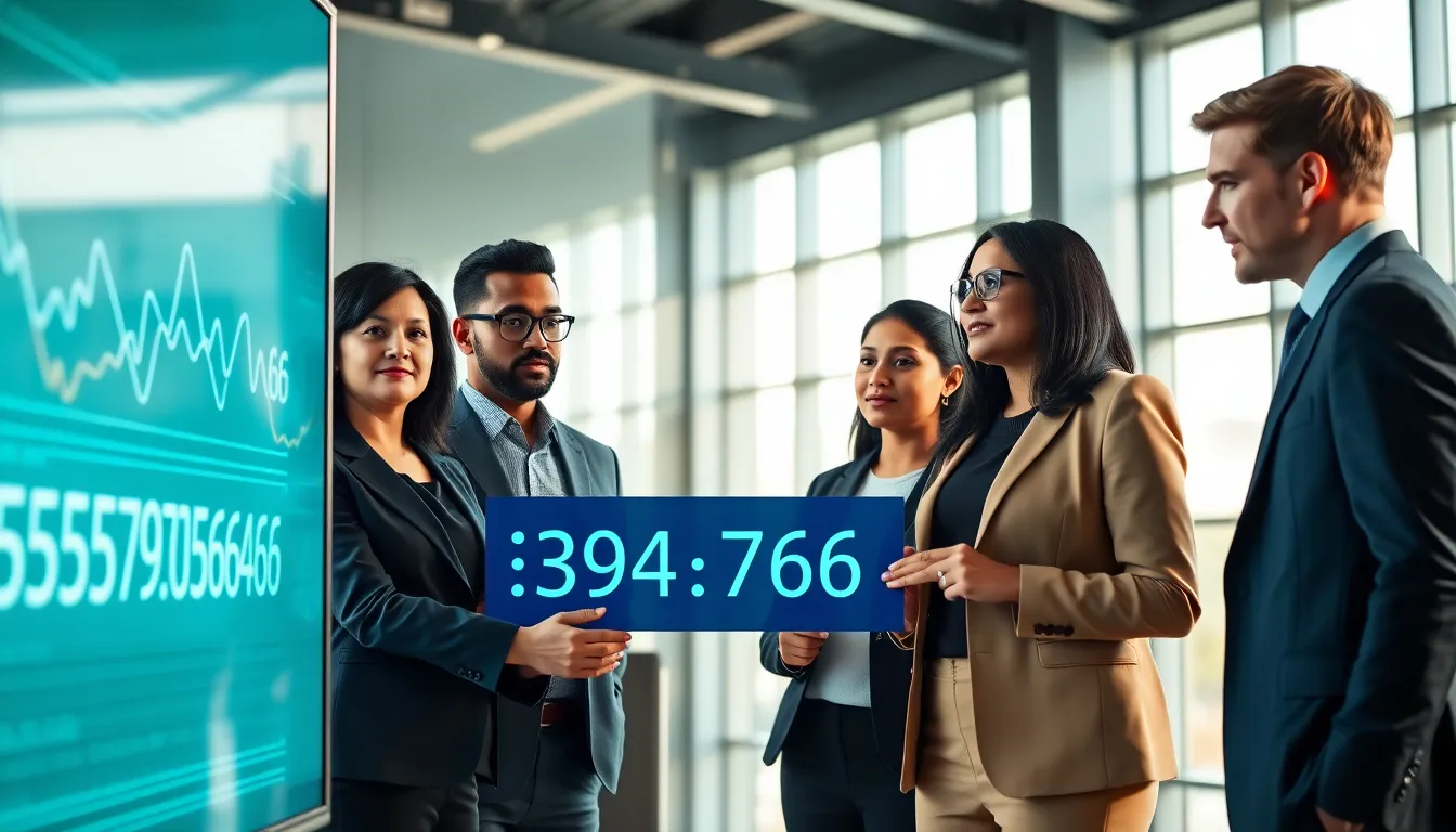 Professionals discussing data in a modern office setting.