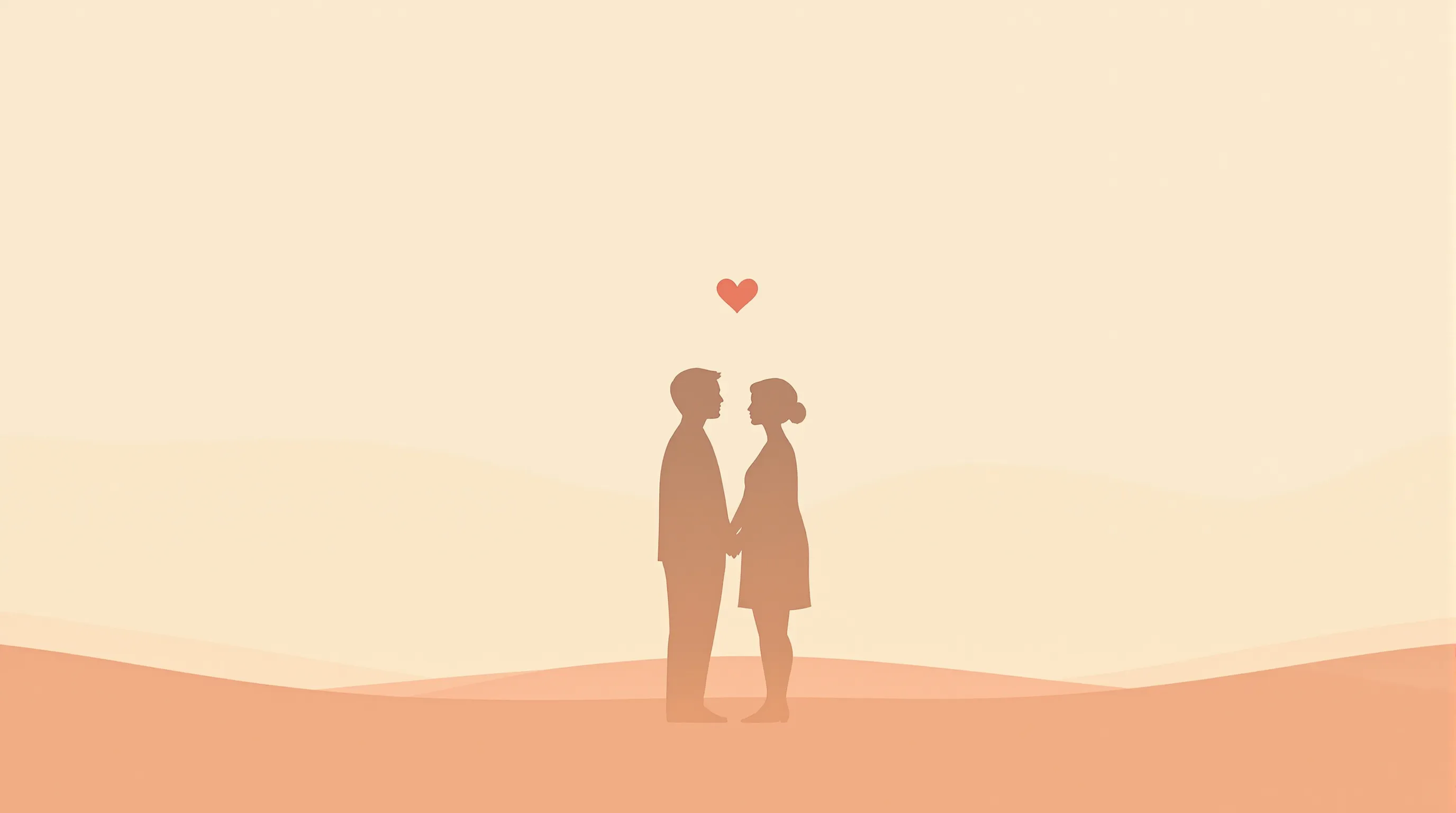 Two simple silhouettes standing together with a floating heart symbol between them.