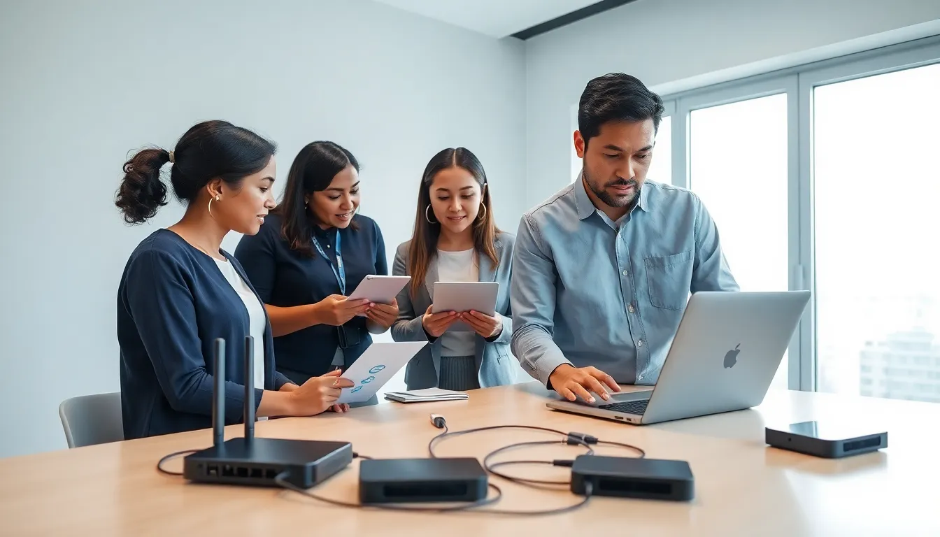 professionals discussing home networking in a modern office setting.