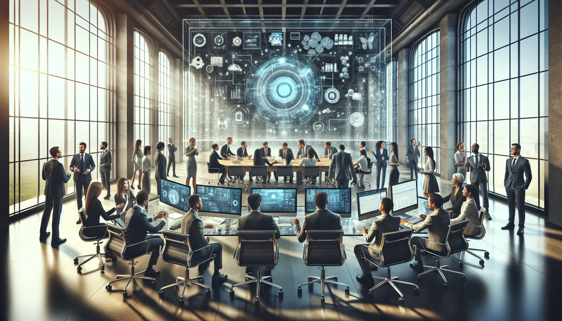 diverse team collaborating in a modern digital workspace.