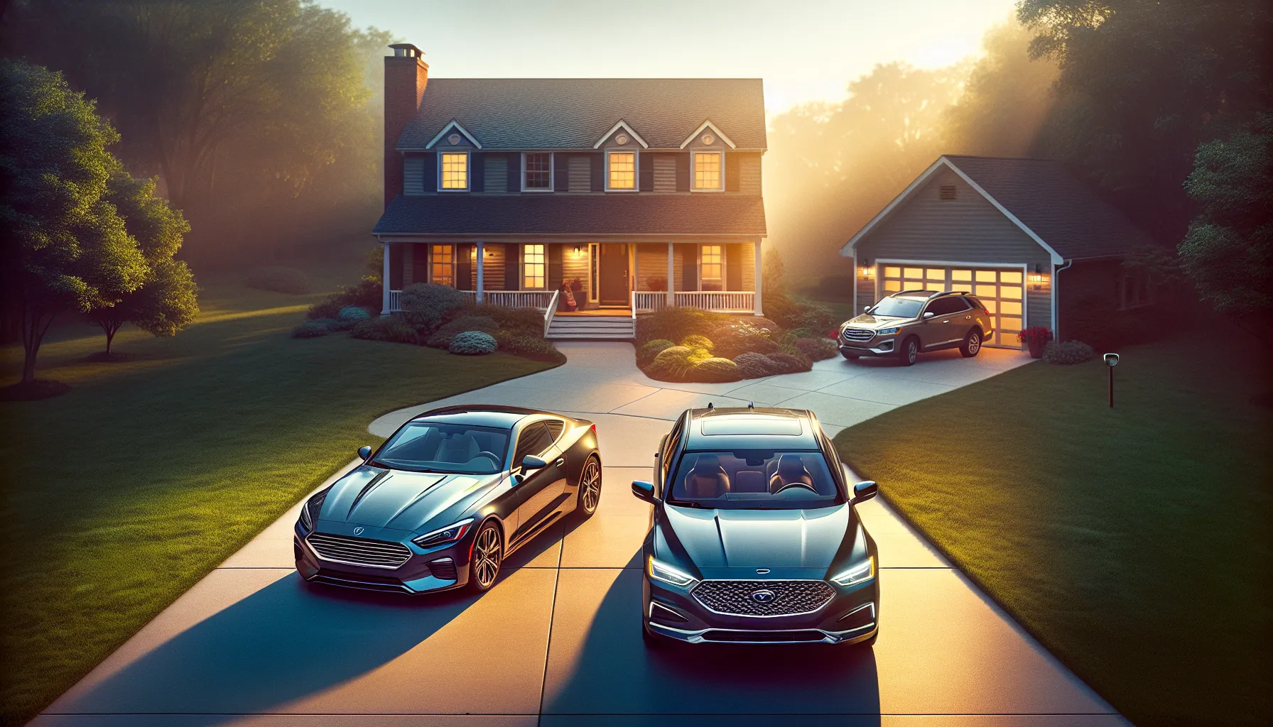 A coupe and sedan parked in a suburban driveway.