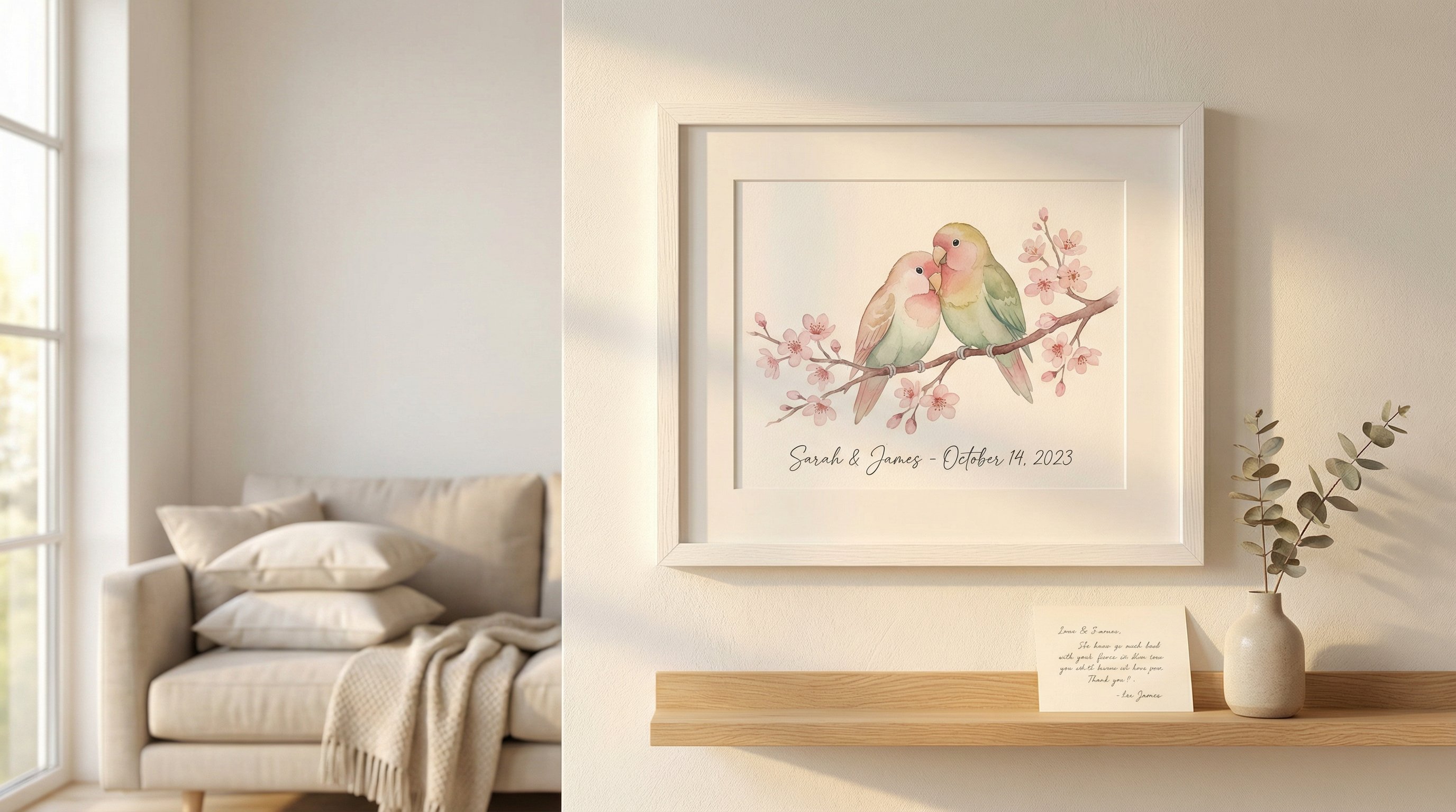 Framed watercolor lovebird painting with couple's names displayed on a living room wall.