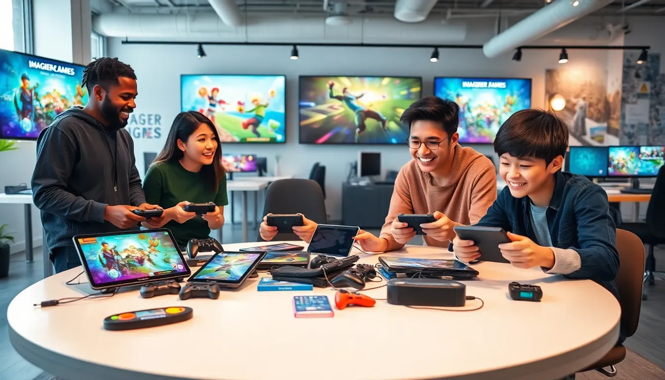 diverse group of gamers collaborating in a modern studio.
