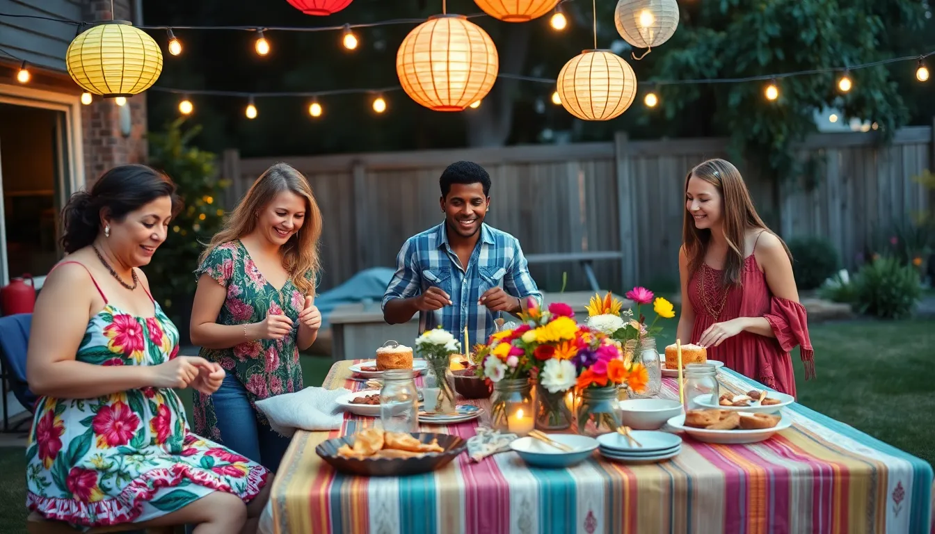 A group of friends enjoying a thrifty outdoor event with handmade decorations.