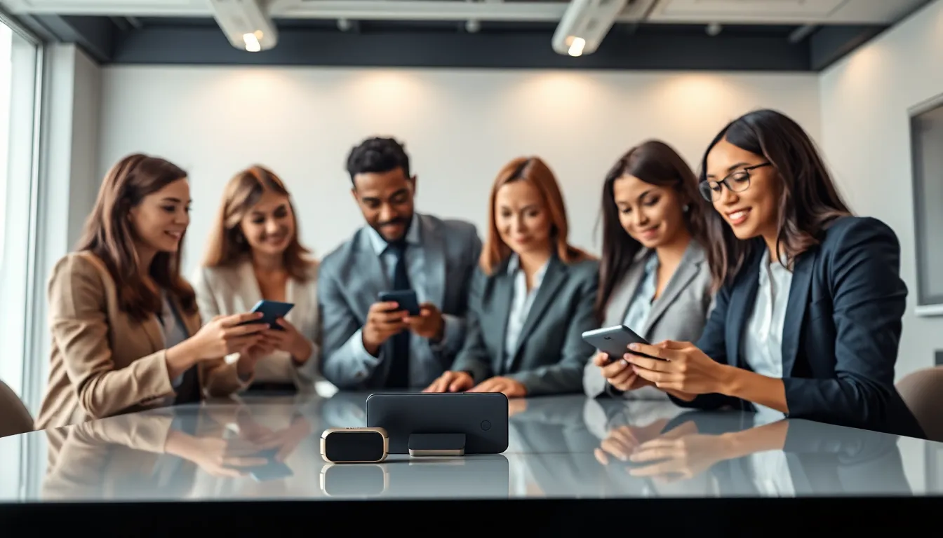 professionals engaging with innovative Gorilla Gadgets in a modern office setting.