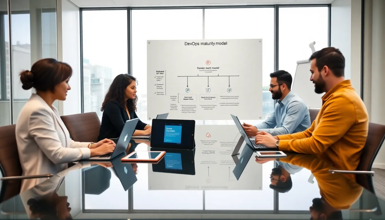 diverse team discussing DevOps maturity model in a modern meeting room.