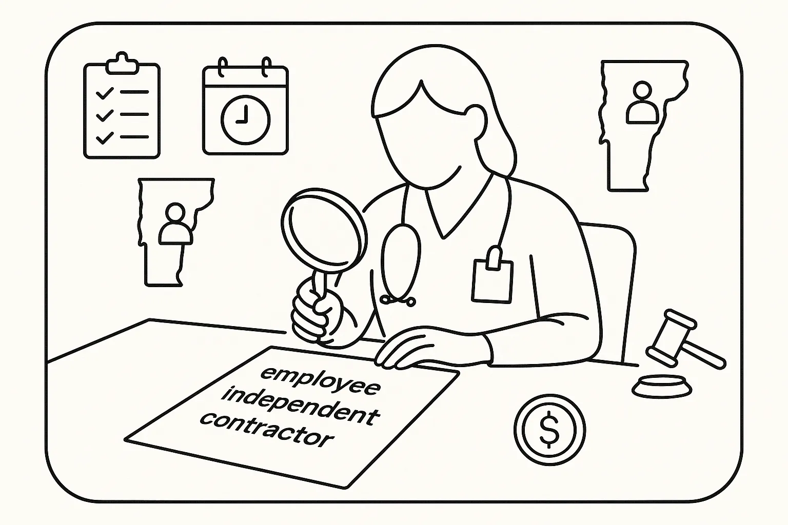 Nurse practitioner examining a contract with magnifying glass and policy icons of Vermont Nurse Practitioner Contract Review.