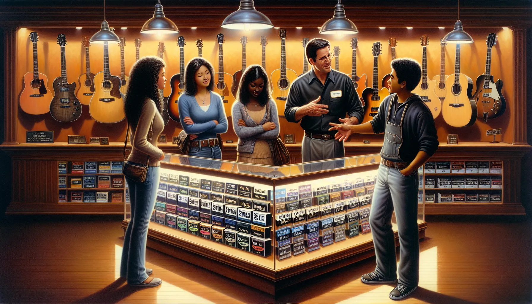 guitar technician showing string types to customers in a shop.