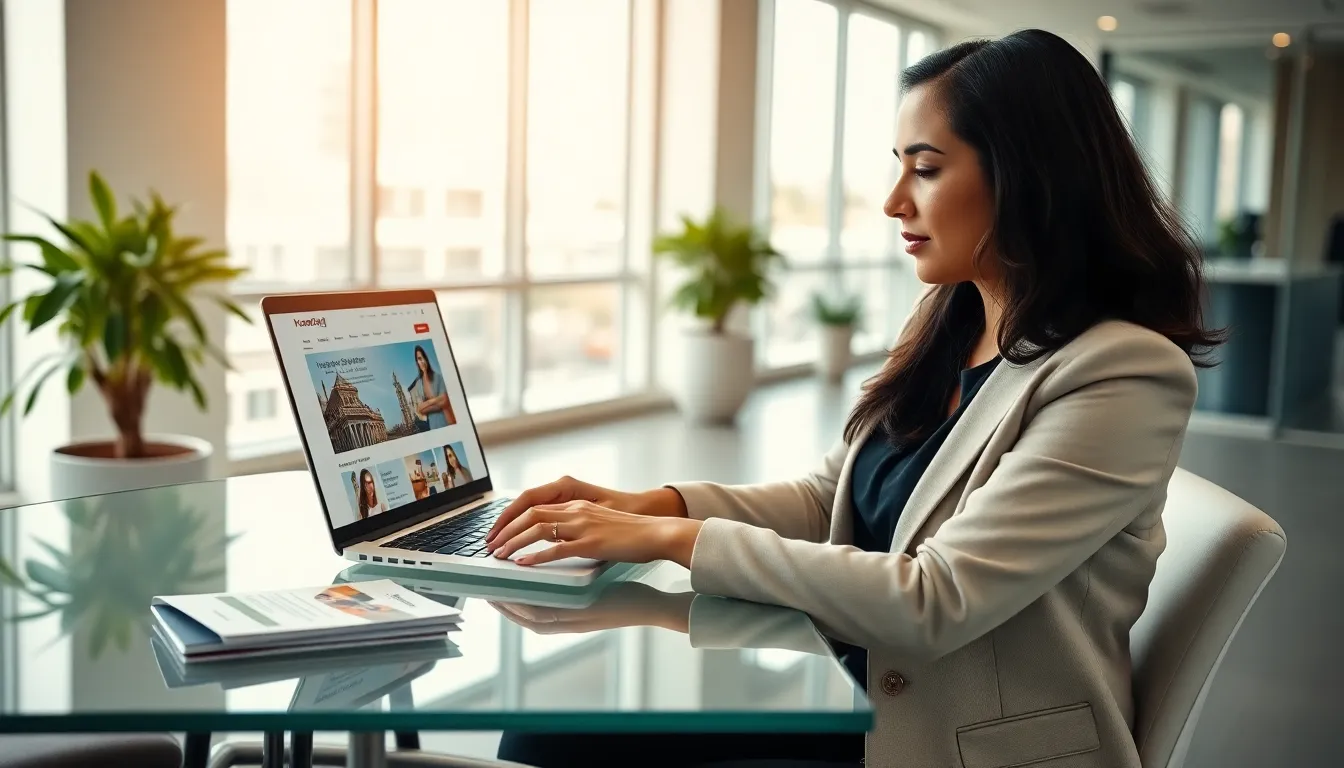 a woman working on a laptop in a modern office for HomeRocketRealty.