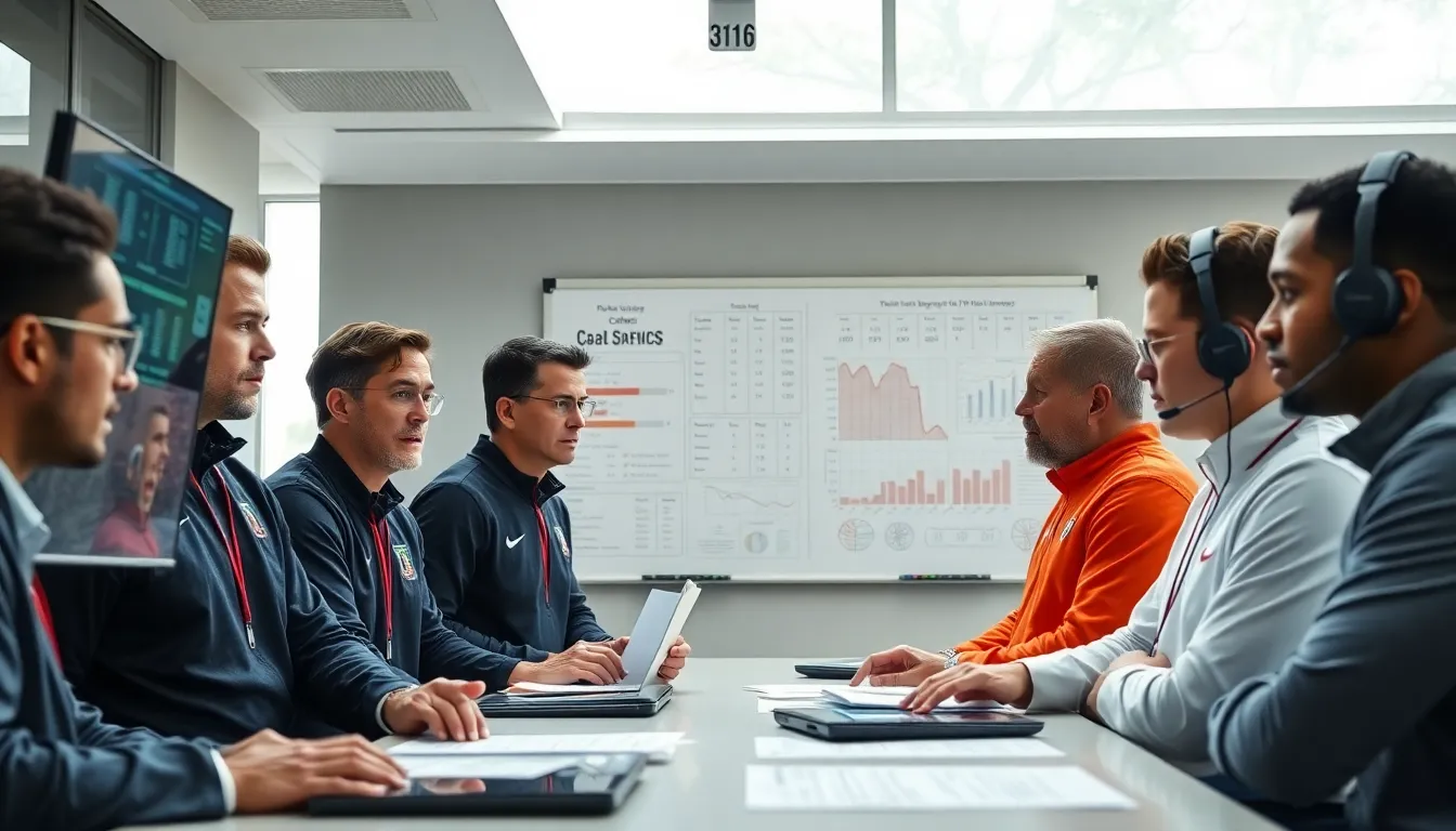 diverse college coaches analyzing performance metrics in a modern office.