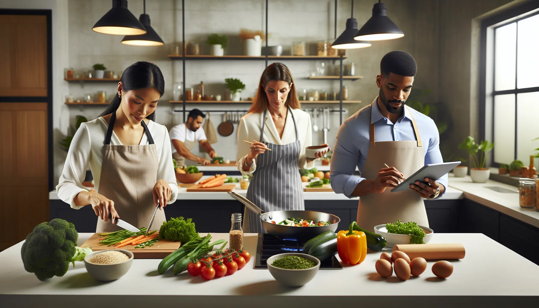 diverse team preparing light recipes in a bright kitchen.