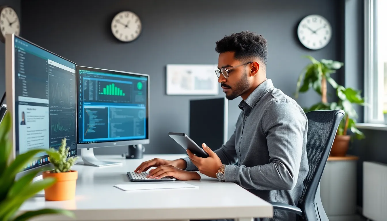 help desk technician assisting a user in a modern office.
