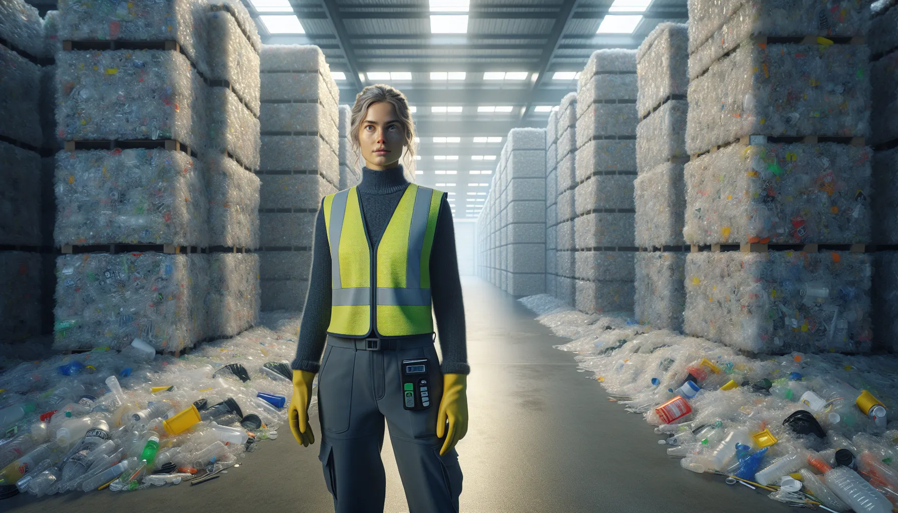 Norwegian worker studies towering bales of single-use plastic beside reduction statistics display.