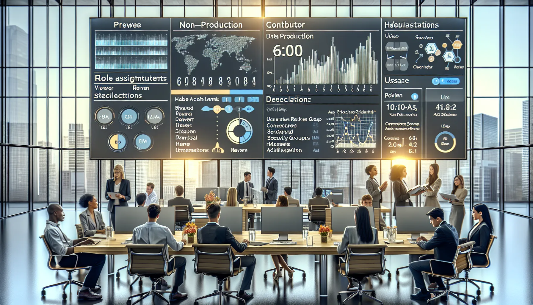 Analytics team configuring Power BI scheduled reports and security in a modern office.