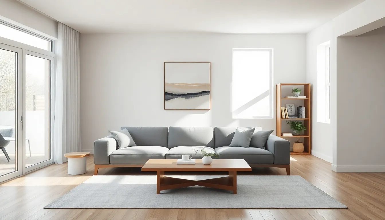 modern minimalist living room with neutral decor and natural light.