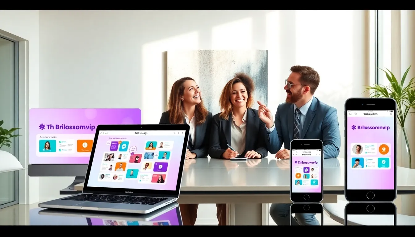 diverse professionals engaging with the Briblossomvip platform in a modern office.