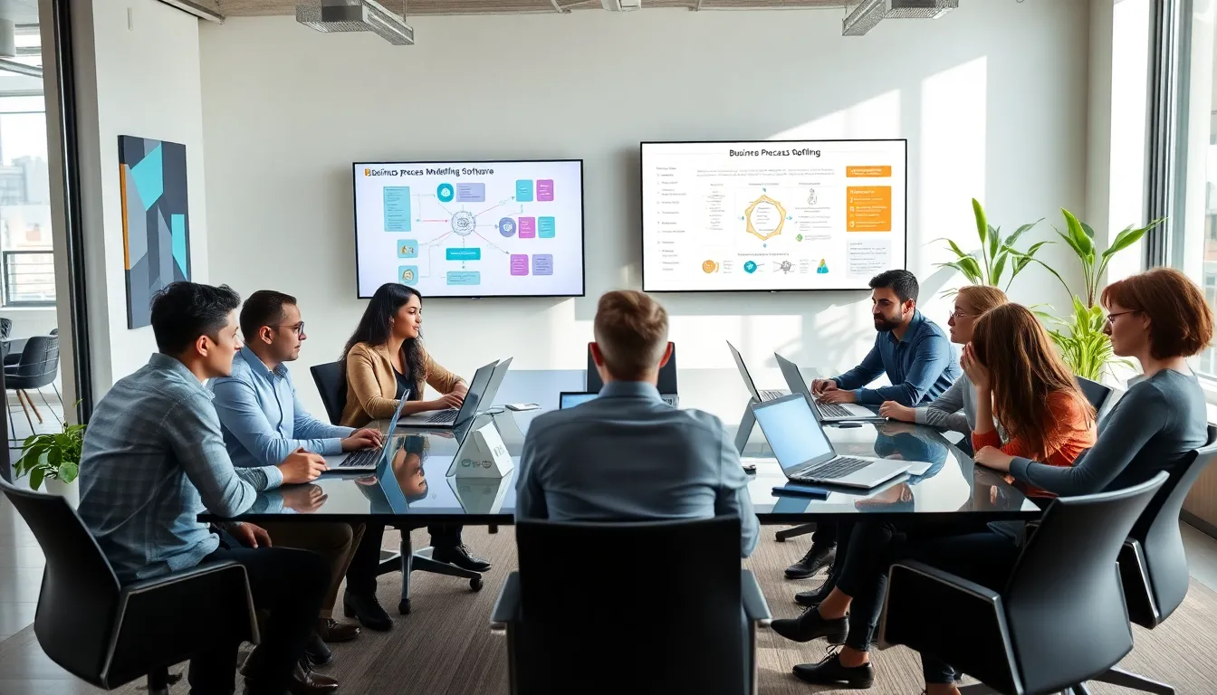 diverse team discussing business process modeling software in a modern office.