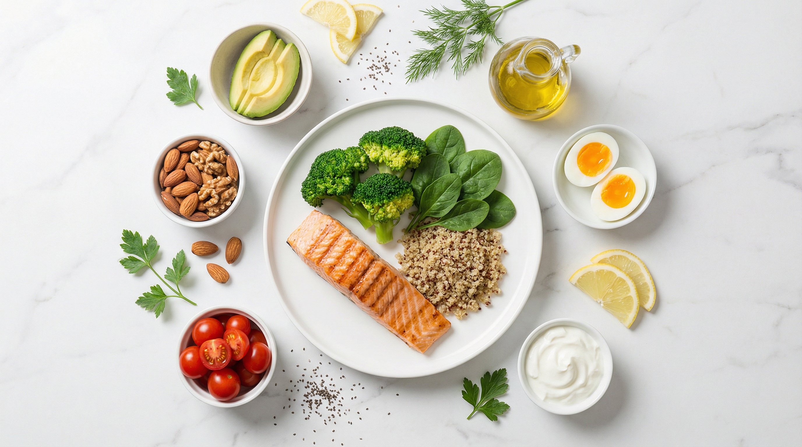 Overhead view of a healthy meal with salmon, vegetables, quinoa, and nuts.