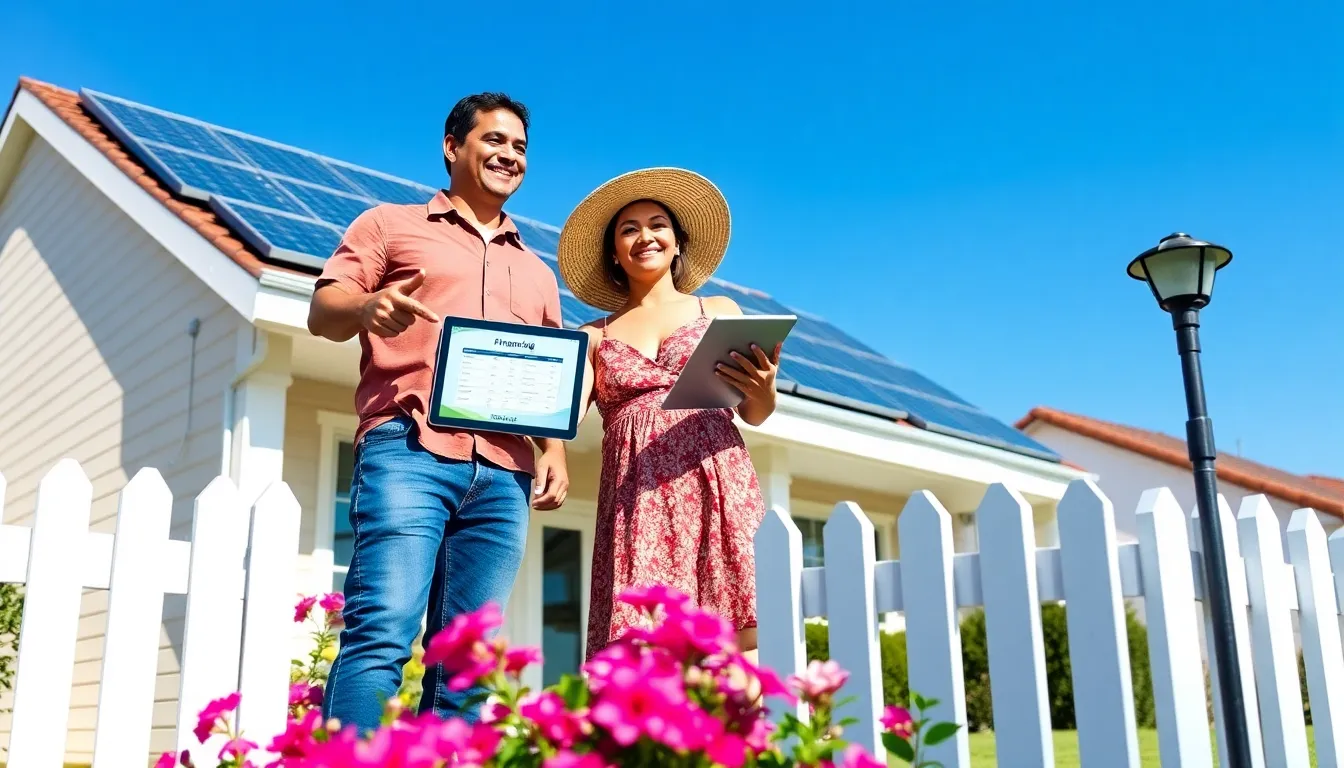 a couple reviewing their solar home financing options on a sunny rooftop.