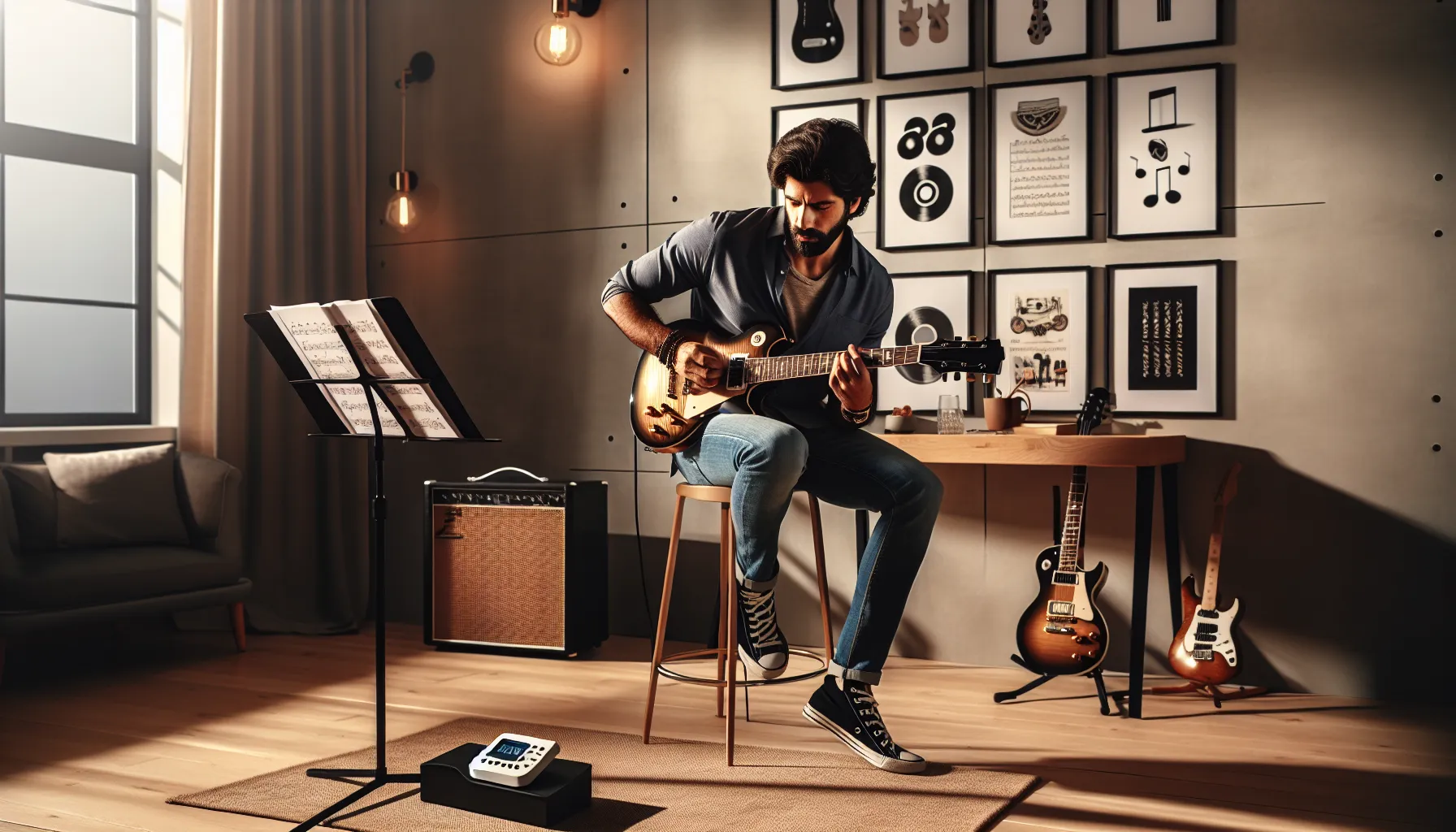 guitarist in a modern studio playing rock songs in C minor.
