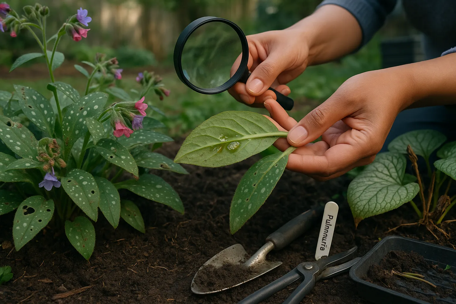 Gardener inspecting Pulmonaria leaf with slug damage next to Brunnera plants.