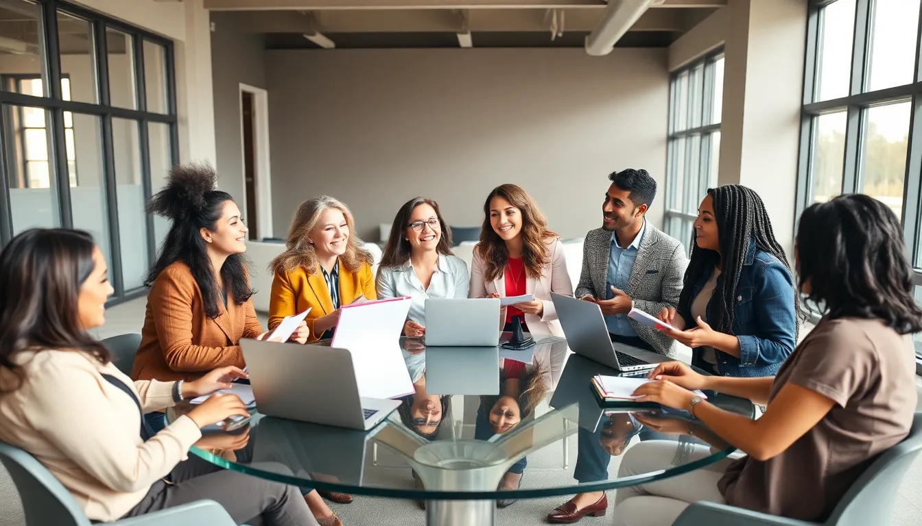diverse professionals discussing ideas in a modern office.