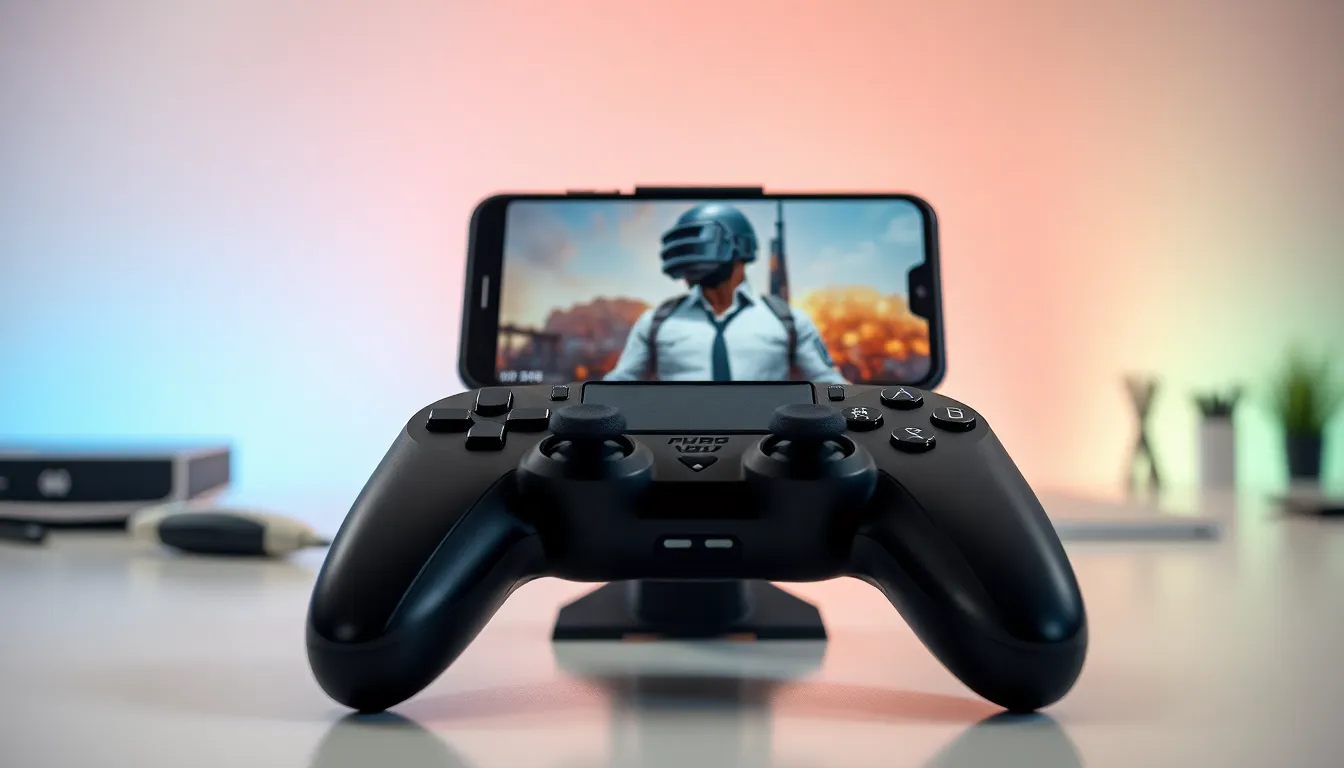 smartphone connected to a Bluetooth controller for gaming.