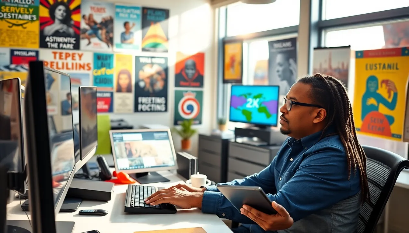 James Gussie discussing ideas in a creative office environment.