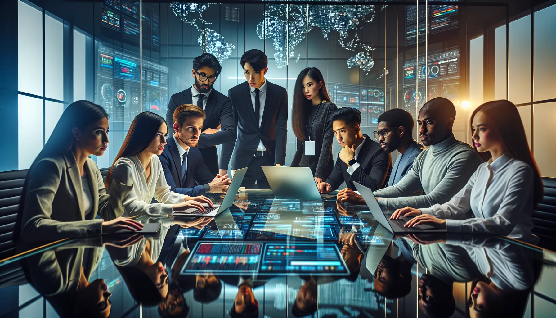 IT professionals analyzing cybersecurity risks in a modern office.