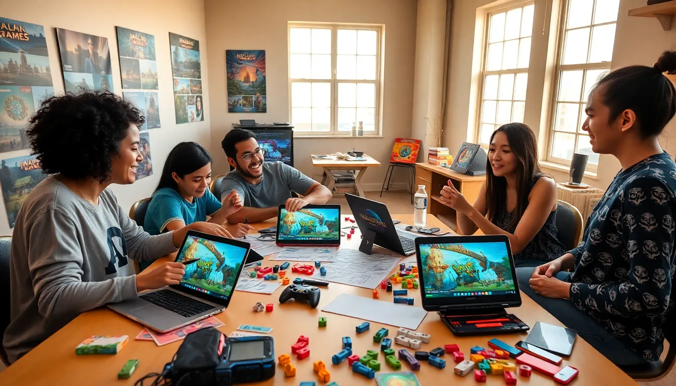 a diverse group of young adults creating a video game in a bright studio.