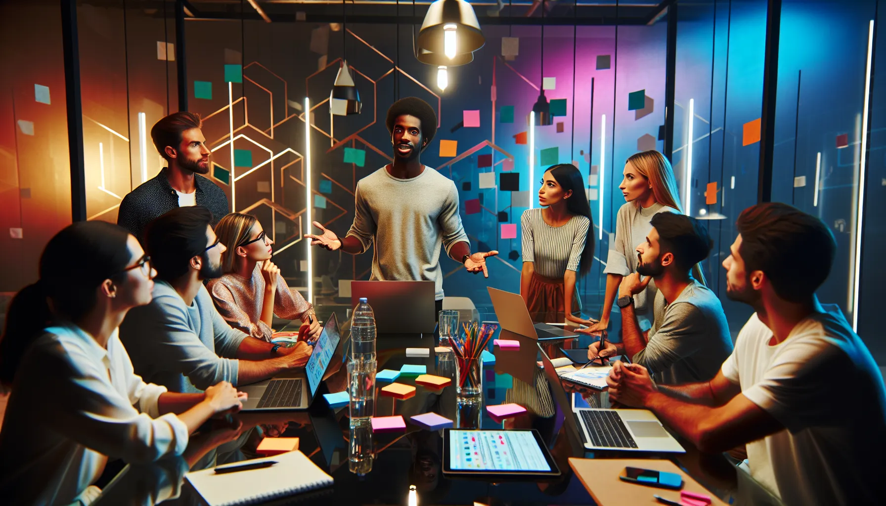 diverse team brainstorming in a modern workspace.