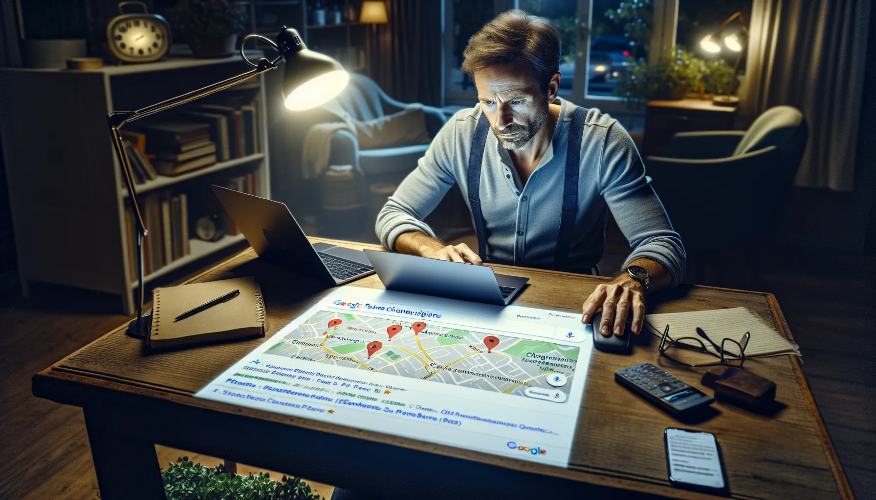 Local business owner in Chennevières-sur-Marne viewing Google search results on laptop.