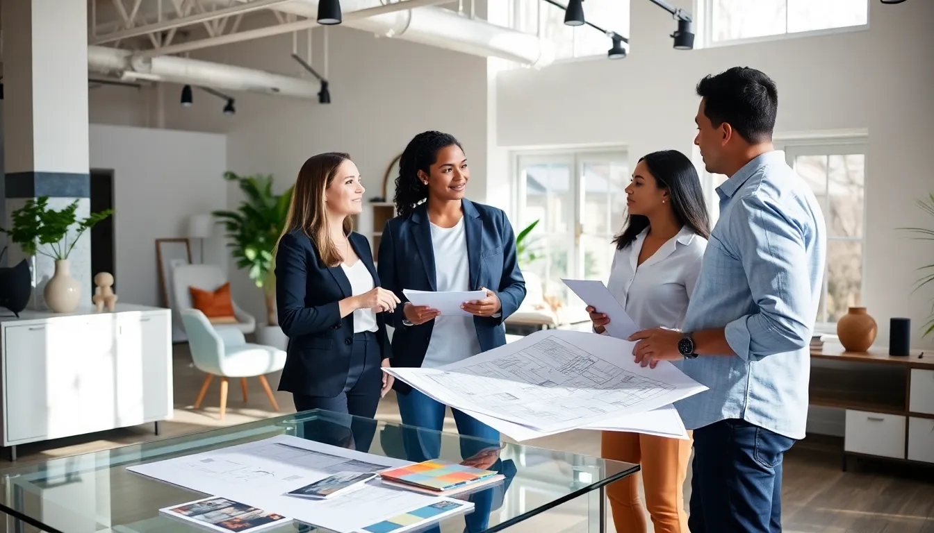 designer consulting with a couple about home renovation plans.