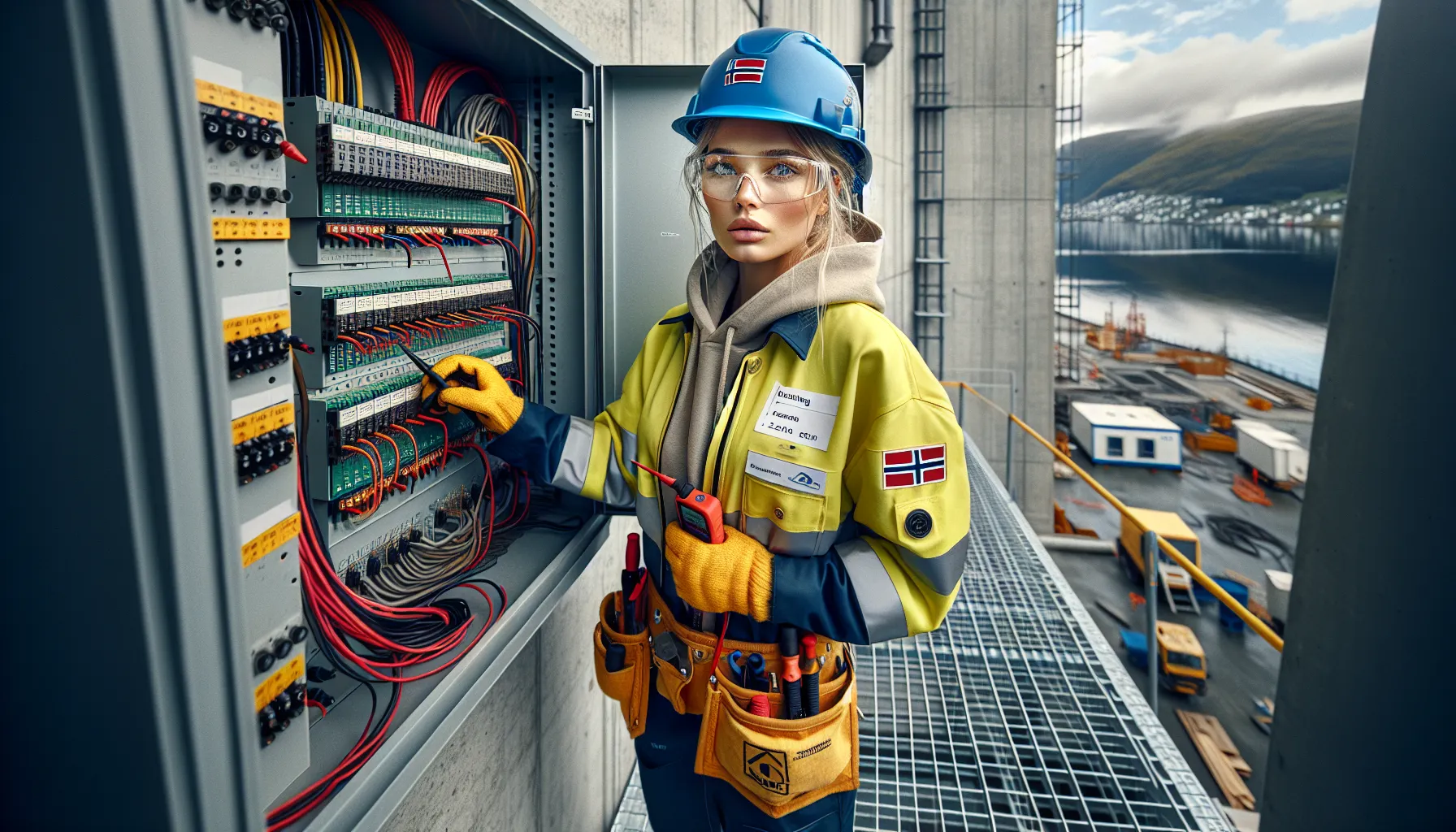 Norwegian apprentice electrician tests a control cabinet at a fjordside construction site.