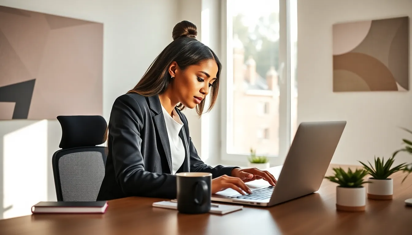 young woman working on social media content at her desk.