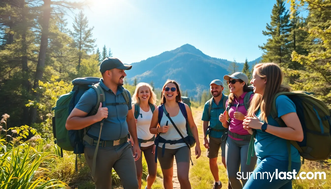 diverse hikers enjoying a sunny day in nature.