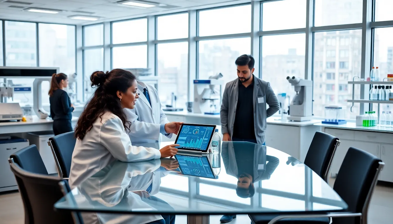 diverse biotech team collaborating in a modern laboratory.