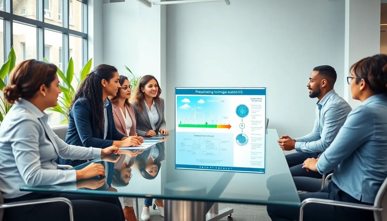 diverse professionals discussing renewable energy solutions in a modern office.
