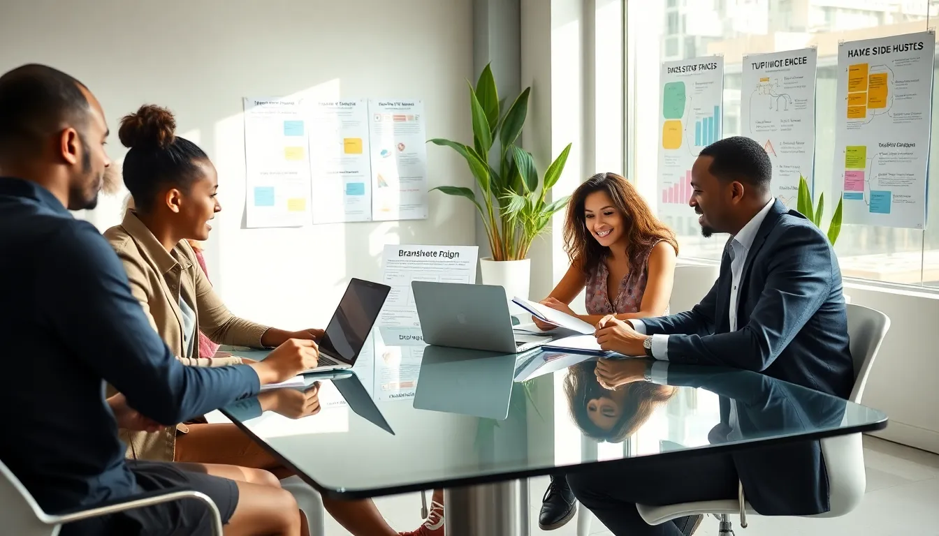 diverse professionals brainstorming ideas for side hustles in an office.