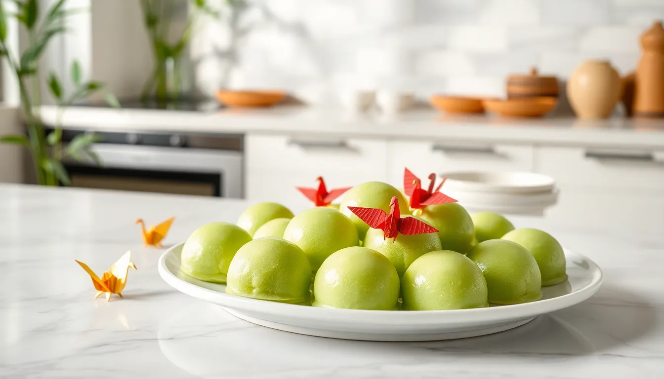 A plate of green mochi in a modern kitchen setting.