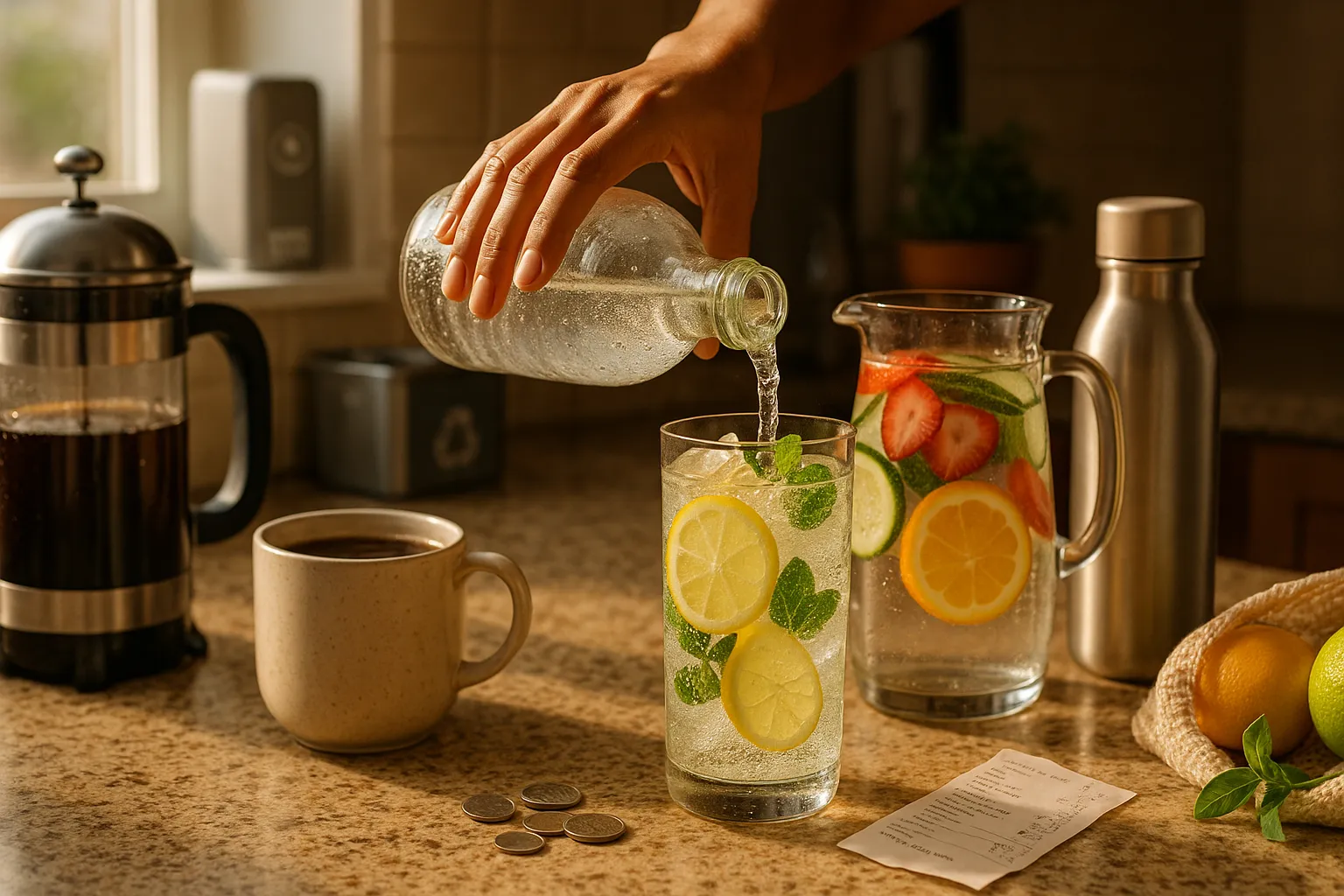 Hands pouring sparkling lemon water beside coffee and fruit-infused pitcher.