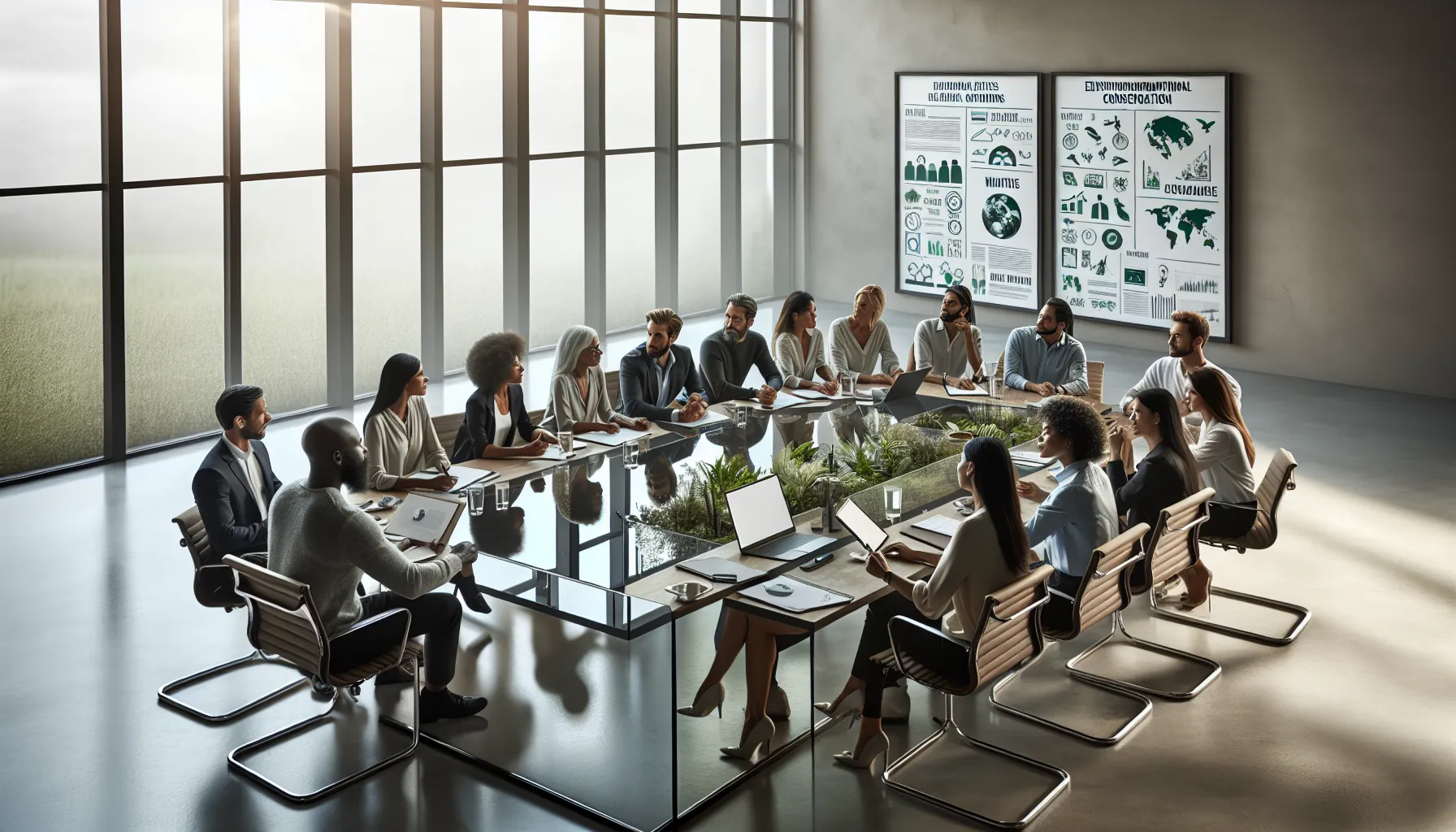 diverse team collaborating in an office on conservation initiatives.