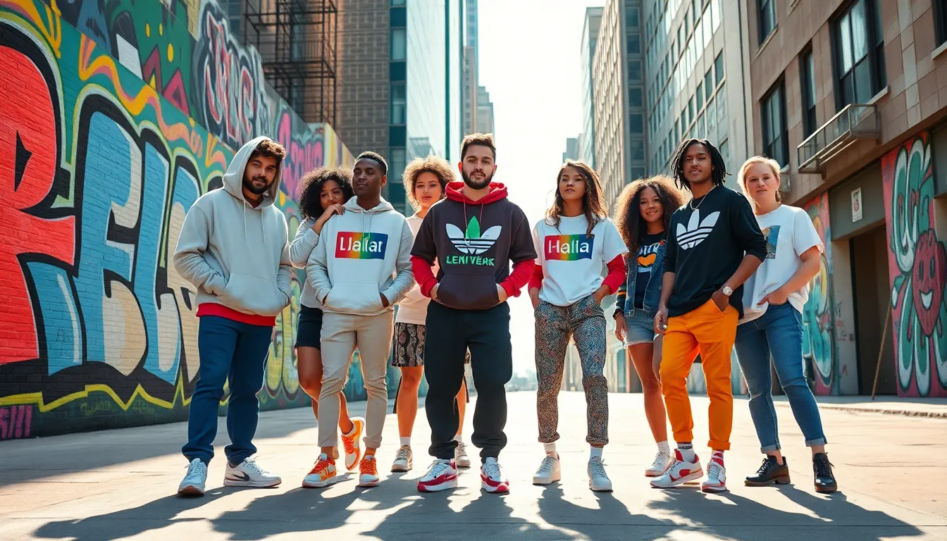 diverse group showcasing Italian streetwear in an urban setting.