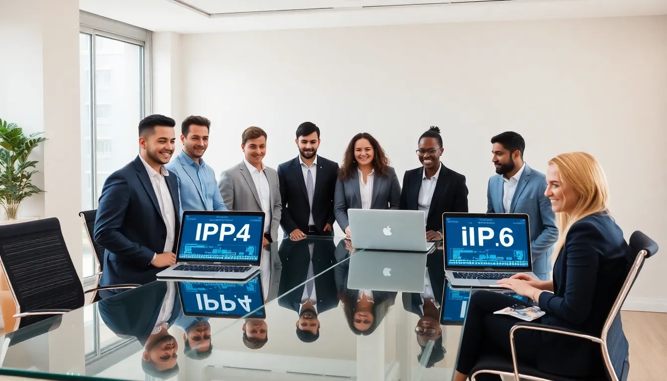 diverse team discussing IP addresses in a modern office.