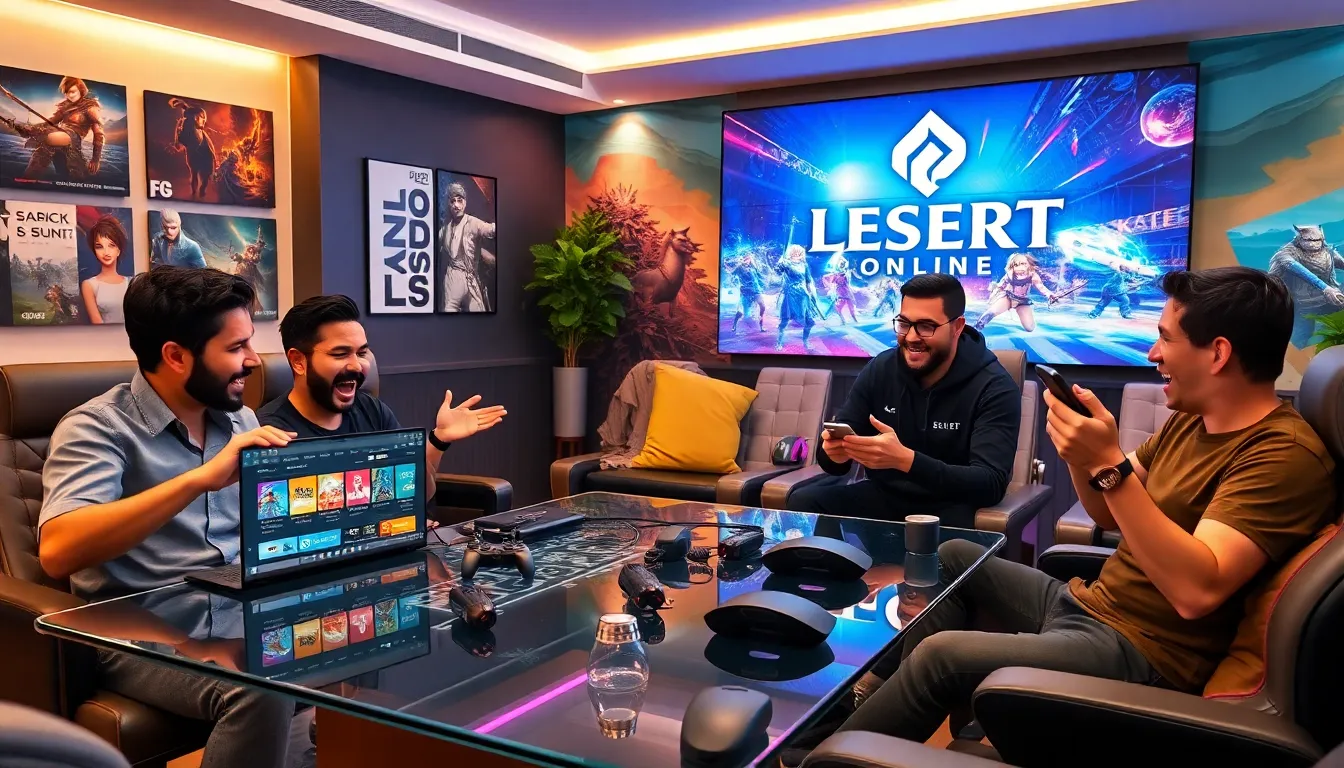 diverse gamers in a modern lounge discussing Black Desert Online codes.