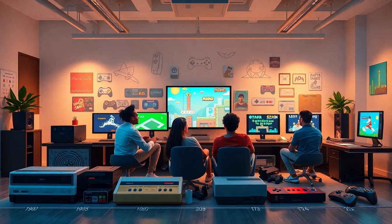 timeline showcasing the evolution of video games with iconic consoles and diverse gamers.