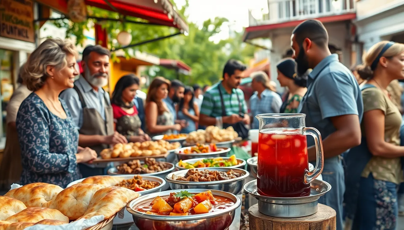 diverse group enjoying local food in a vibrant outdoor market.
