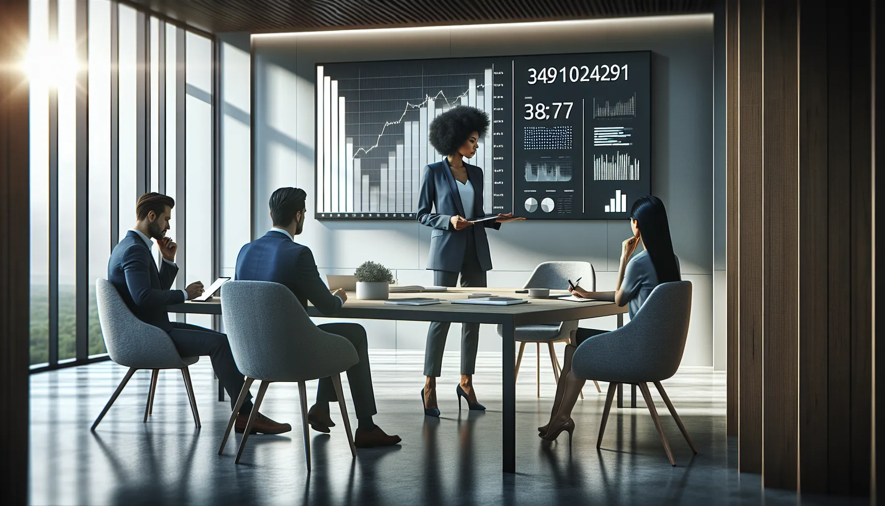 professionals discussing a significant number in a modern office.