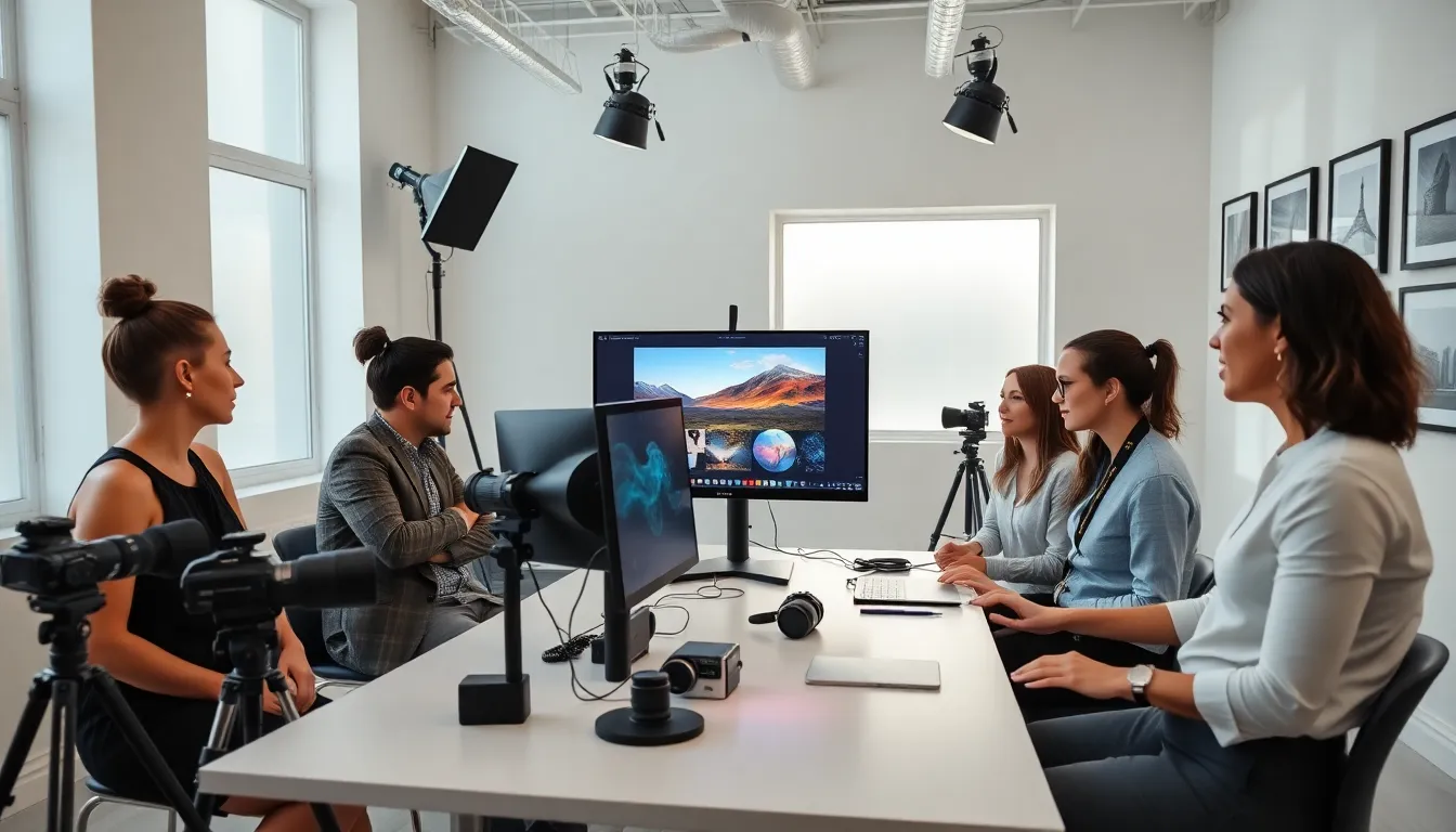 diverse team collaborating in a modern photography studio.