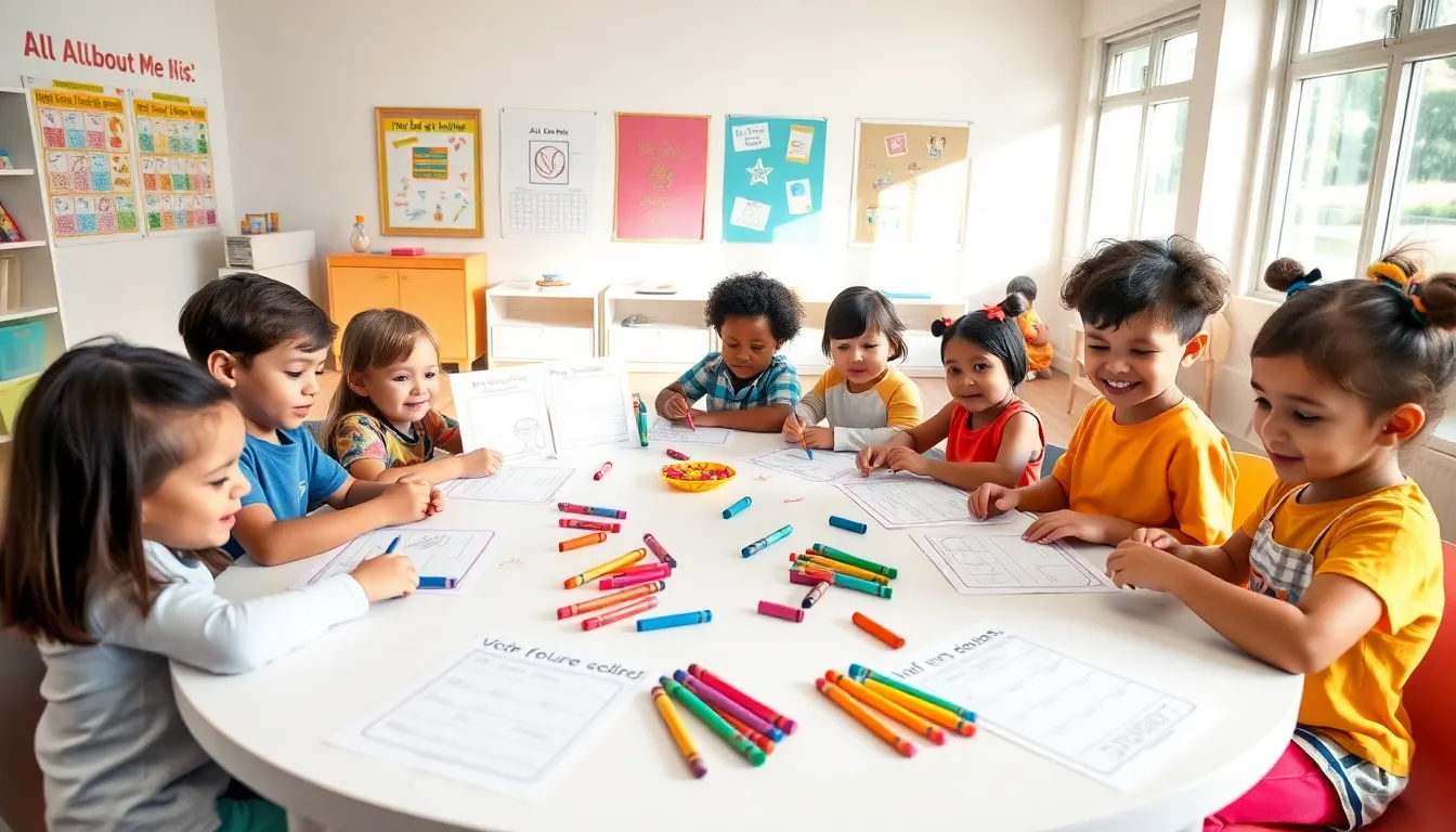 diverse preschoolers creating All About Me worksheets in a colorful classroom.
